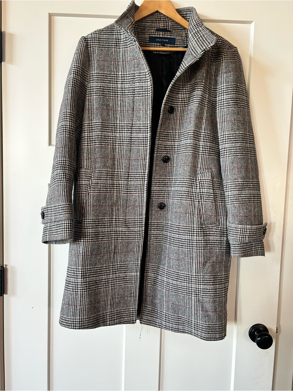 Cole Haan Black and Gray Houndstooth Plaid Coat